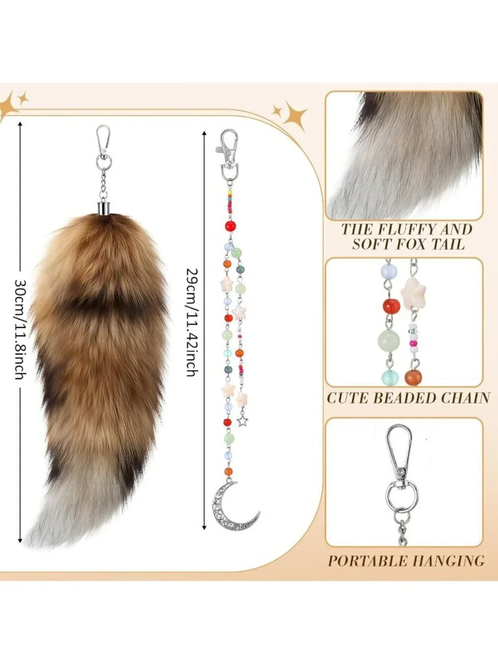 Women's Red Sun 11.8 Inch Fluffy Therian Fox Tail Keychain and Beaded Pendant